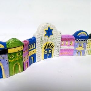 Giftco Ceramic Hanukkah Menorah Temple & Village Panorama Candle Holder